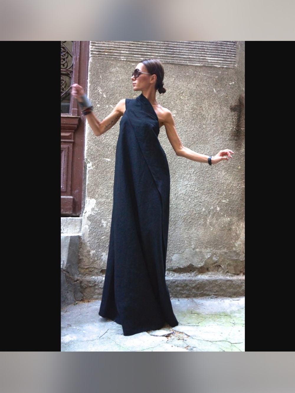 Aakasha one One-Shoulder Linen Maxi Dress handmade in Europe $205 retail